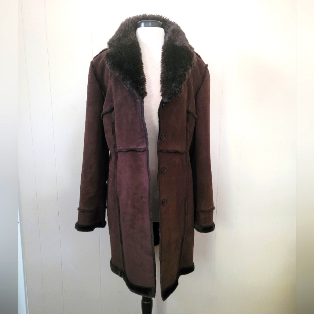 Liz Claiborne Brown Leather Sherpa Coat with Faux Fur Collar